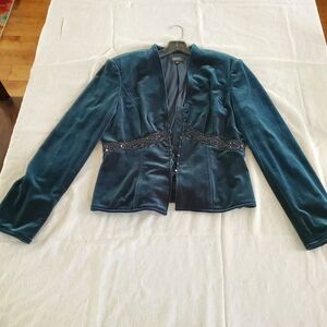 EUC Velvet Teal Blue Adrianna Papell Beaded Smoking Jacket size 10